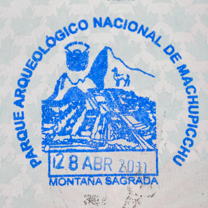Close up of passport stamp - Machu Picchu.