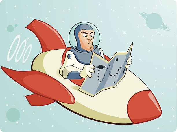 Lost in Space Space man in a rocket looking at a map. Files included – jpg, ai (version 8 and CS3), svg, and eps (version 8) lost in space stock illustrations