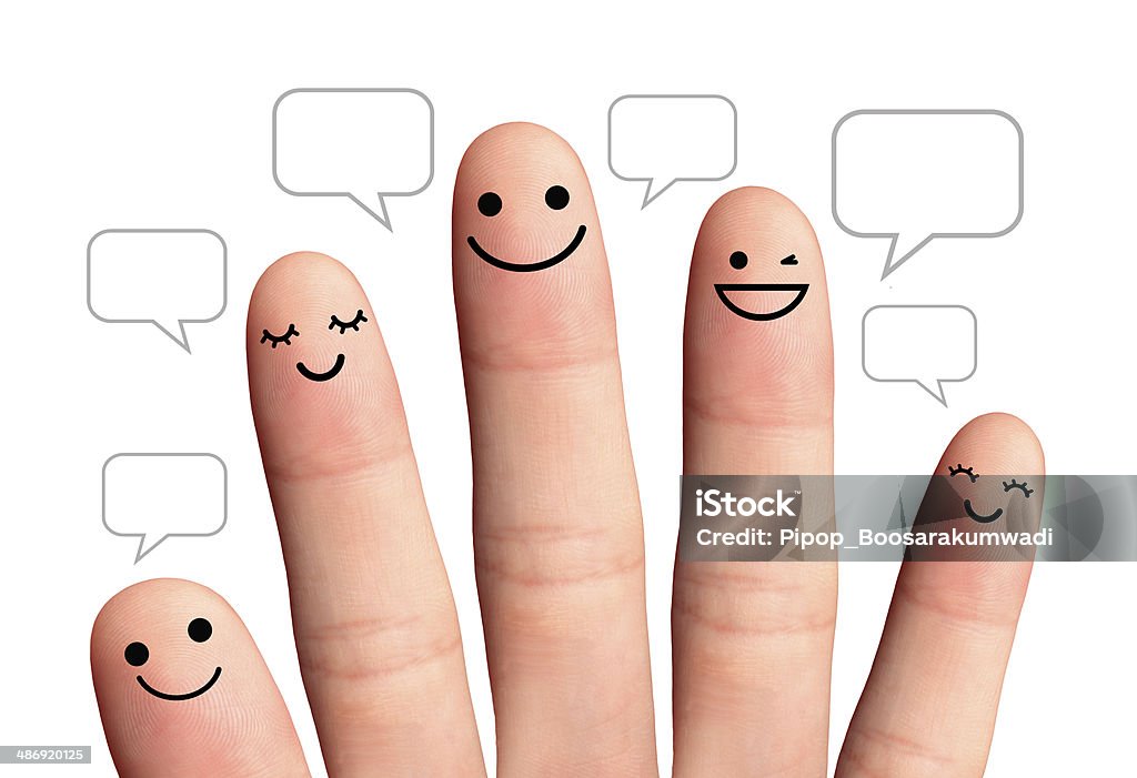 People talk in speech bubbles, isolated with clipping paths. Happy finger, isolated with clipping paths on white background. Five Objects Stock Photo