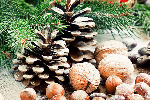 istock Christmas background with walnuts, hazelnuts and fir branches 486922644