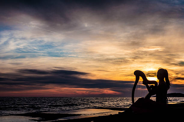 istock Harp player on sunset in summer 486923136