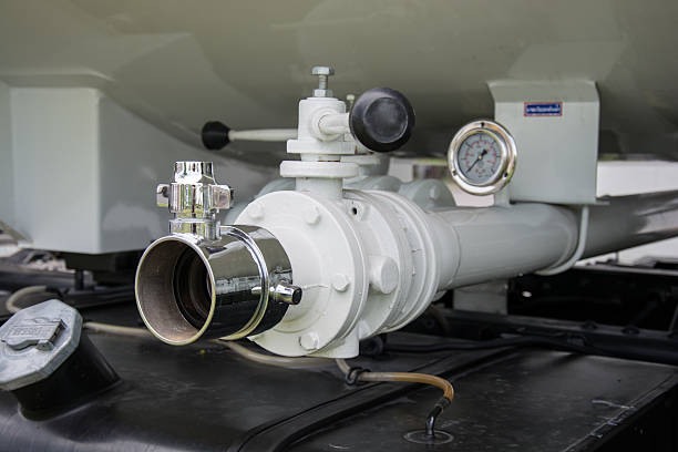 istock water valves at the rear of a fire engine 486932002