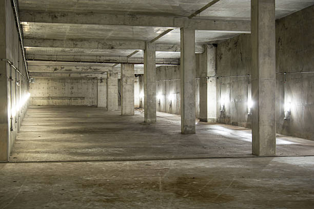 istock Empty industrial garage room interior with concrete 486932312