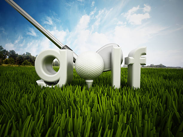 Golf Golf text, golf ball, tee and club standing on grass. golf free betting stock pictures, royalty-free photos & images