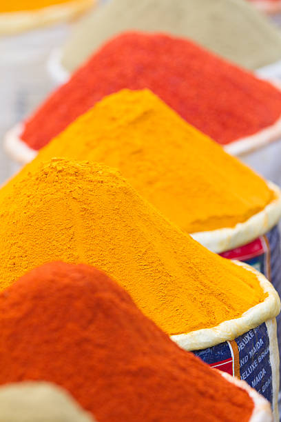 View on Colorful spices on market in Marrakech in Morocco