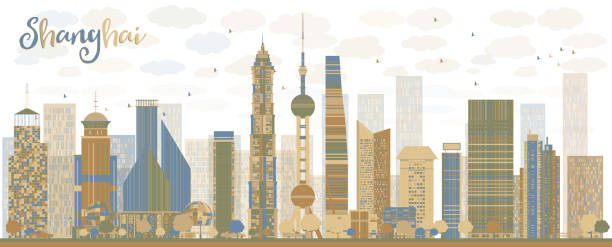 illustrations, cliparts, dessins animés et icônes de la ville de shanghai, avec ses gratte-ciel bleu et brun. - shanghai finance skyline backgrounds