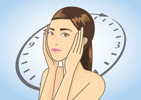 Woman touching her face on blue background which is time symbolic. This illustration is beauty concept in Aging and younger skin story.