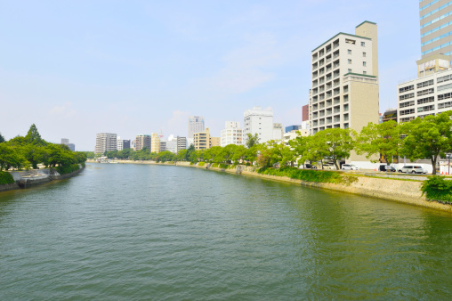 view Kyobashi gawa river and buildings in Hiroshima, Japan