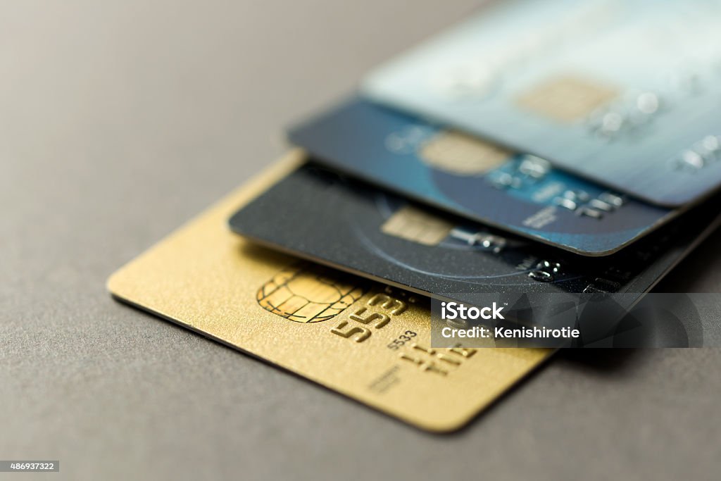 Credit cards Close up of credit cards over grey background Credit Card Stock Photo