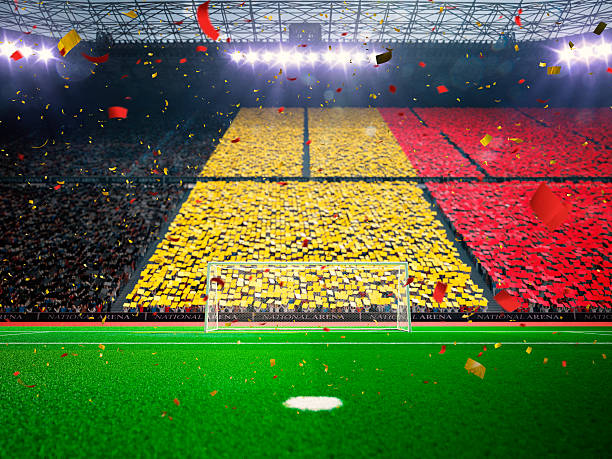 флаг бельгия от поклонников. вечерние стадион arena голубой - belgium стоковые фото и изображения