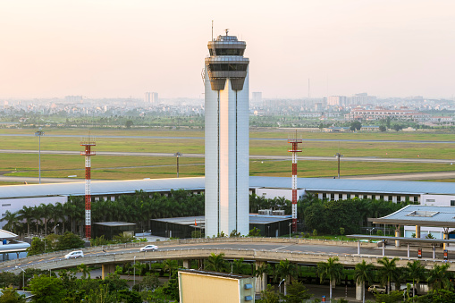 Ho Chi Minh City, Vietnam - December 10, 2014: The closeup view of Tan Son Nhat airport traffic control tower in Ho Chi Minh City