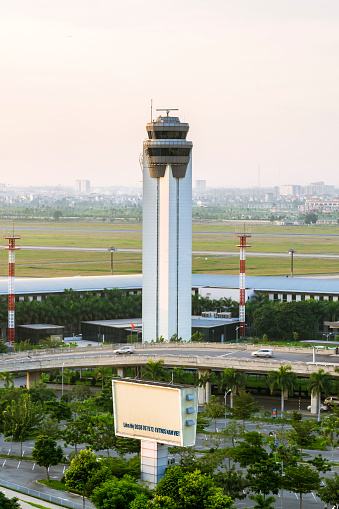 Ho Chi Minh City, Vietnam - December 10, 2014: The closeup view of Tan Son Nhat airport traffic control tower in Ho Chi Minh City