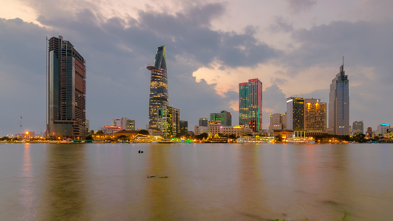 Ho Chi Minh City, Vietnam - December 8, 2014: Night view of Business and Administrative Center of Ho Chi Minh city on Saigon riverbank on December 8, 2014
