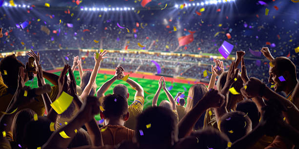 Fans on stadium game panorama view Fans on stadium soccer game Confetti and tinsel stadium stock pictures, royalty-free photos & images