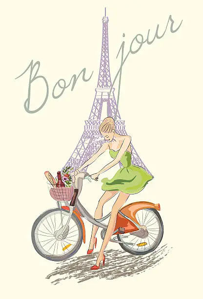 Vector illustration of Hello, Paris. Fashion girl on the bike near Eiffel Tower