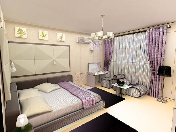 istock interior 3D bedrooms with bed and a window to the 486959162