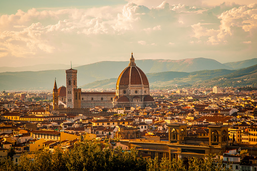 View of the Duomo Santa Maria del Fiore in Florence, Italy photographed from Piazzale Michelangelo on a late afternoon in August.