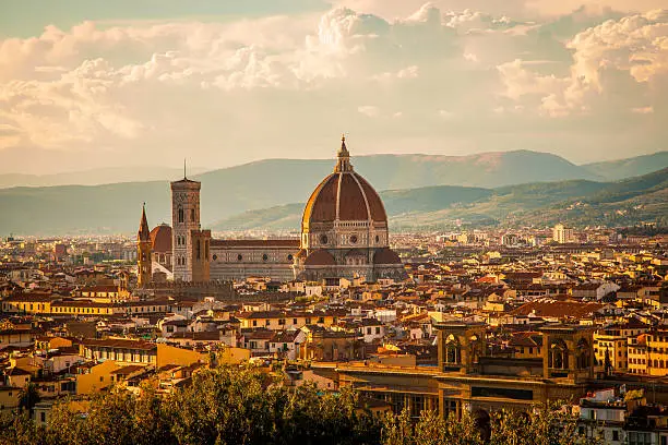 View of the Duomo Santa Maria del Fiore in Florence, Italy photographed from Piazzale Michelangelo on a late afternoon in August.