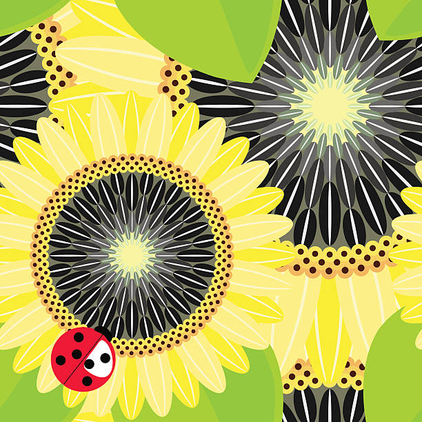 Sunflower seamless background Big sunflowers and bright ladybug seamless background seven spot ladybird stock illustrations