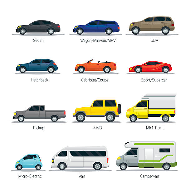 Car Type and Model Objects icons Set Multicolor, Automotive, sports utility vehicle illustrations stock illustrations