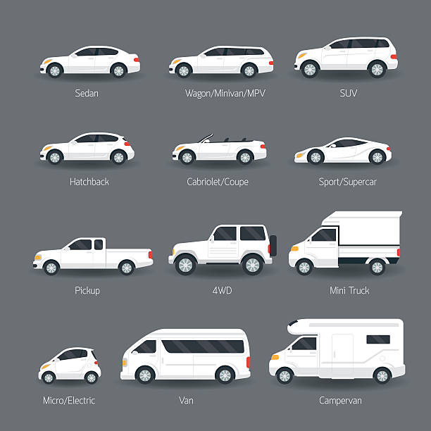 Car Type and Model Objects icons Set White Body Color, Automobile, sedan stock illustrations