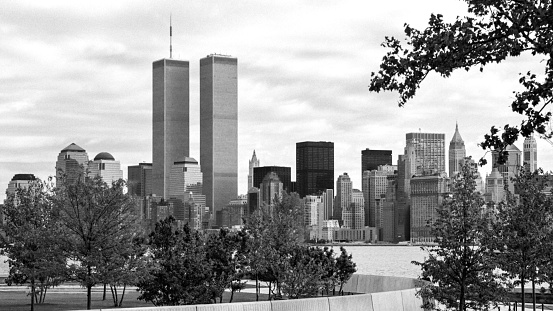 Manhattan with World Trade Center from Ellis Island in September 1994.