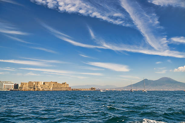 Mount Vesuvius and castle from the sea stock photo