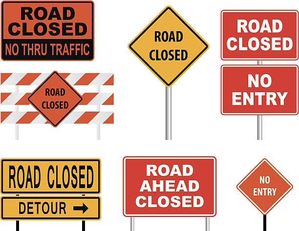 road closed-englisches verkehrsschild - avenue sign stock-grafiken, -clipart, -cartoons und -symbole