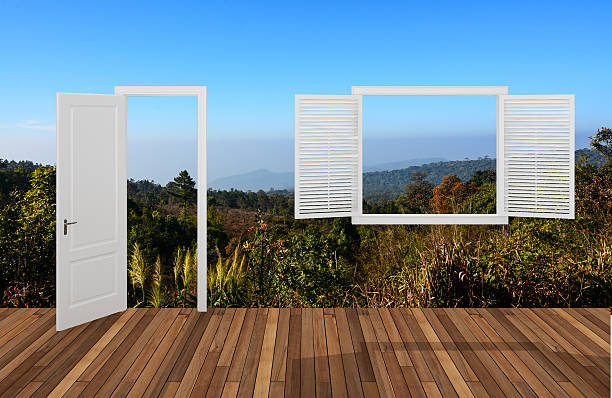 istock Landscape behind the opening door and window 486973015