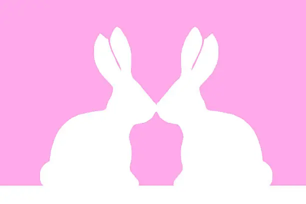 Two rabbits Easter bunnies turned to each other and touching their heads, standing on indicated ground. In silhouette silhouette silhouette outline shadow image. White on pink.