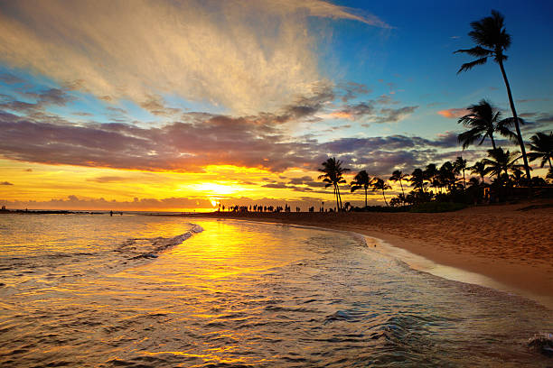 Numerous people, tourists and visitors enjoying the sunset at Poipu Beach in their tropical vacation. Poipu Beach, a popular vacation destination lined with resorts vacation condo rentals, restaurants and hotels on the south shore of Kauai, Hawaii.
