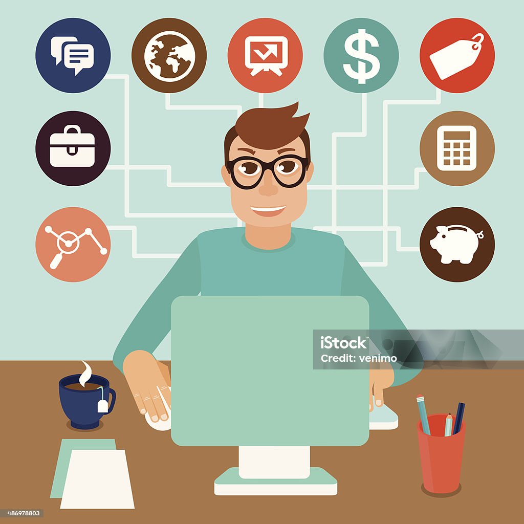 Vector self employed man in flat style Vector self employed man in flat style - sitting at computer and working on freelance project - infographic with icons and signs Adult stock vector