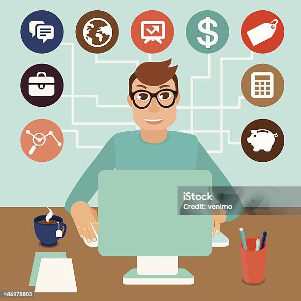Vector Self Employed Man In Flat Style Stock Illustration - Download Image Now - Adult, Boys, Business