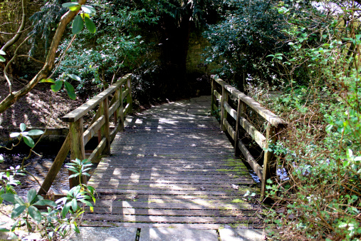 Image of small wooden bridge across stream in landscaped gardens