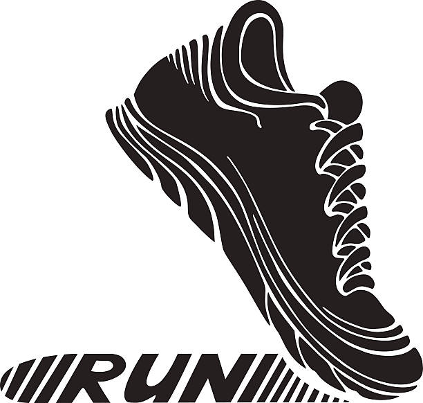 Running sport shoe symbol. Sport icon isolated on white background. Text "RUN" on its sole. running shoes white background stock illustrations