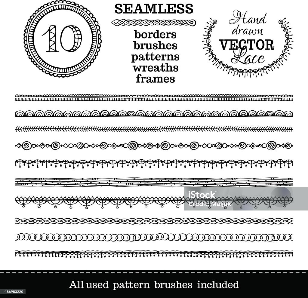 Vector set of seamless hand-drawn ethnic borders. Seamless doodles geometric borders can be used for frames, patterns and wreaths. All used pattern brushes are included in brush palette. 2015 stock vector