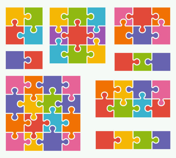 Parts of puzzles on white background in colored colors. Parts of puzzles on white background in colored colors. Set of puzzle 2, 3, 4, 6, 8, 9, 16 pieces 21st century stock illustrations
