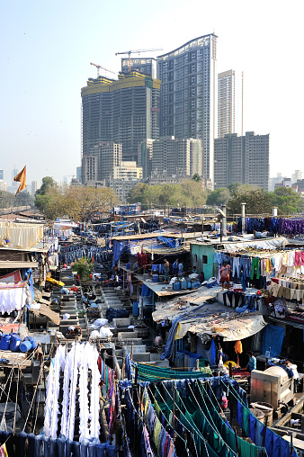 Mumbai, India - February 25, 2015: Dhobi Ghat Laundry District in Mumbai, a well know open air laundromat in downtown, Mumbai, Maharashtra State, India.