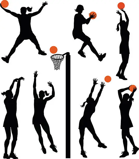 Vector illustration of Set of Netball Players - Isolated Silhouettes