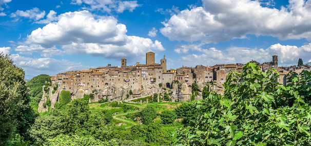 Beautiful view of the medieval town of Vitorchiano with stunning cloudscape, province of Viterbo, Lazio, Italy
