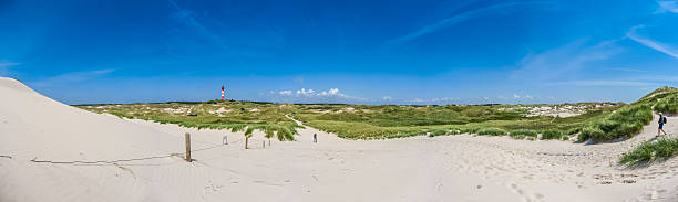 Beautiful dune landscape with traditional lighthouse on the island of Amrum at North Sea, Schleswig-Holstein, Germany
