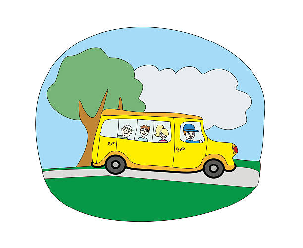 school bus heading to school with happy children vector art illustration