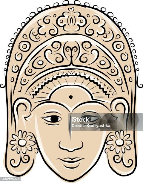 Wooden Mask Of Indonesian Dancer Woman Sketch For Your Design Stock Illustration - Download Image Now