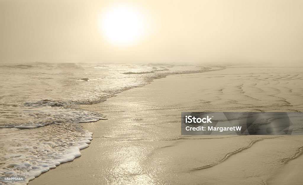 Beautiful golden beach on foggy morning. Beautiful golden and foggy December morning in Daytona Beach Florida. Reflection of the sun  in the water. Large copy space. 2015 Stock Photo