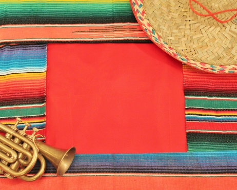 Regional2014 Mexico background frame stripe rug with sombrero and trumpet