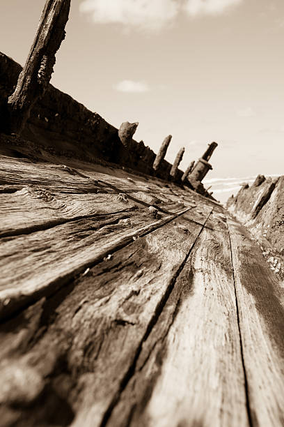 Sepia image of remains  teak decking on old ship Sepia image of remains of teak decking on old ship that foundered in early 1900's, the Maheno. ocean beach papua new guinea stock pictures, royalty-free photos & images