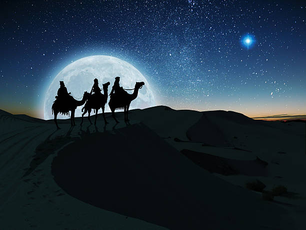 Three Wise Men The Three Wise Men follow the Star of Bethlehem on their journey to the birth of Christ north star stock pictures, royalty-free photos & images