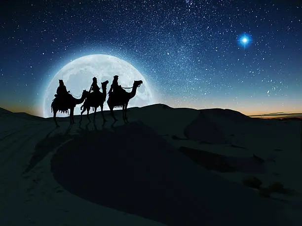 The Three Wise Men follow the Star of Bethlehem on their journey to the birth of Christ