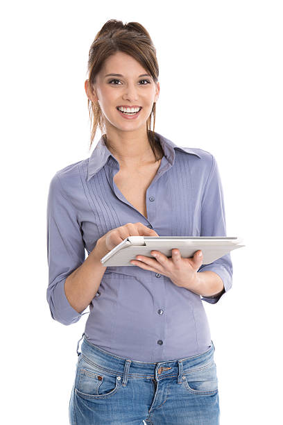 istock Beautiful isolated happy young woman using tablet computer. 486999475