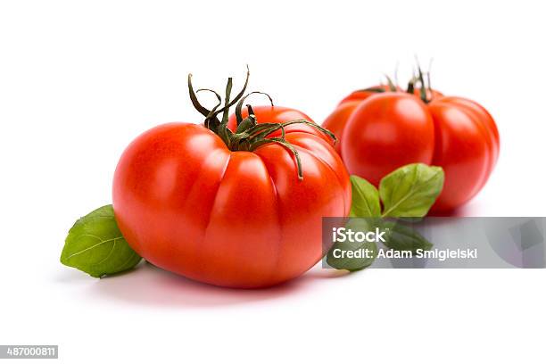 Tomatoes With Basil Stock Photo - Download Image Now - Basil, Clean, Close-up